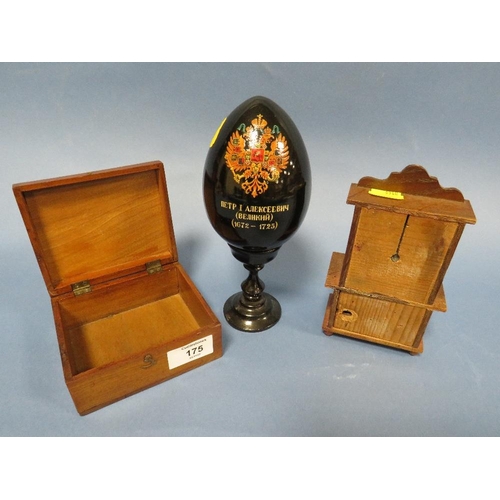 175 - A SMALL REPRODUCTION POLYPHON, A RUSSIAN PAINTED EGG ON STAND TOGETHER WITH A SMALL INLAID BOX