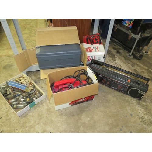 574 - A SELECTION OF RADIO VALVES, FIRST ALERT SAFE, DUST DEVIL VACUUM WITH TOOLS, SAISHO DOUBLE CASSETTE ... 