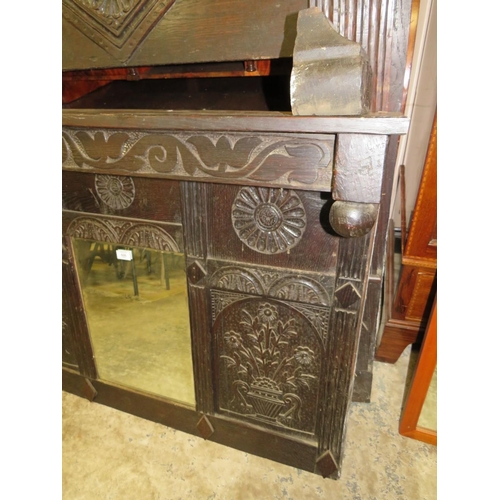 606 - A LATE 17TH /EARLY 18TH CENTURY AND LATER CARVED OAK FIRE SURROUND WITH MIRROR ABOVE OVERALL H-206 C... 