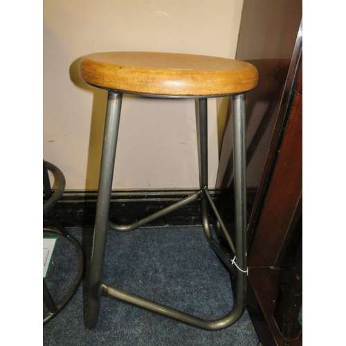 608 - A MODERN INDUSTRIAL STYLE BROWN LEATHER TOPPED STOOL AND AN INDUSTRIAL METAL AND WOOD EXAMPLE (2)