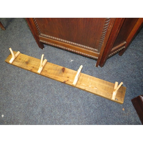 612 - A VINTAGE OAK FIRESCREEN AND AN UNUSUAL COAT/HAT RACK, WALKING STICK...