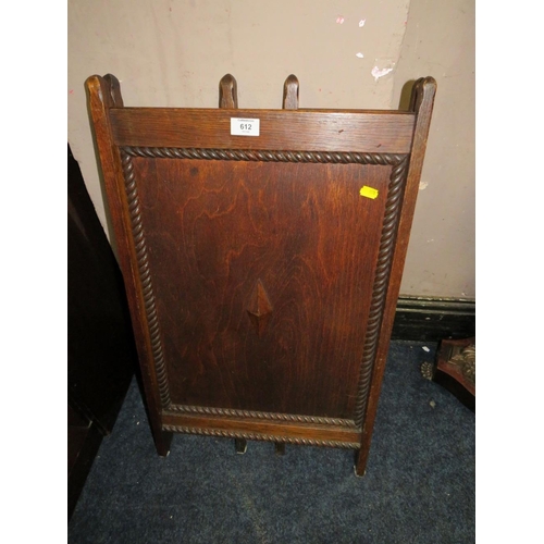 612 - A VINTAGE OAK FIRESCREEN AND AN UNUSUAL COAT/HAT RACK, WALKING STICK...