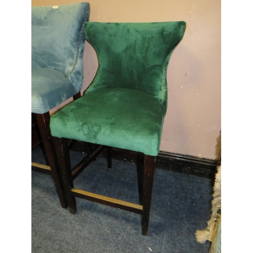 631 - A MODERN UPHOLSTERED KITCHEN STOOL AND A SIMILAR LOWER GREEN EXAMPLE (2)