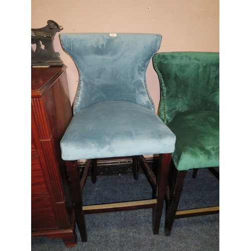 631 - A MODERN UPHOLSTERED KITCHEN STOOL AND A SIMILAR LOWER GREEN EXAMPLE (2)