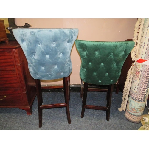 631 - A MODERN UPHOLSTERED KITCHEN STOOL AND A SIMILAR LOWER GREEN EXAMPLE (2)