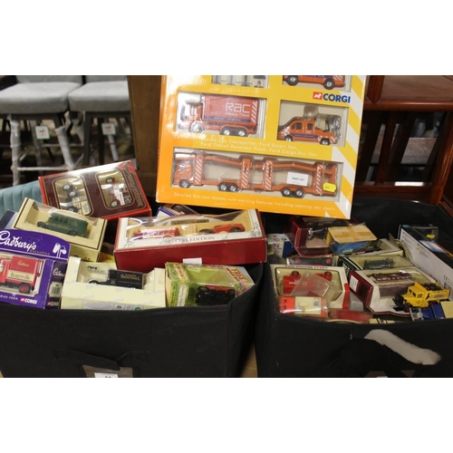 64 - TWO BOXES OF ASSORTED DIECAST VEHICLES TO INCLUDE MODELS OF YESTERYEAR, DAYS GONE BY ETC TOGETHER WI... 