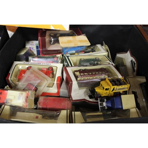 64 - TWO BOXES OF ASSORTED DIECAST VEHICLES TO INCLUDE MODELS OF YESTERYEAR, DAYS GONE BY ETC TOGETHER WI... 