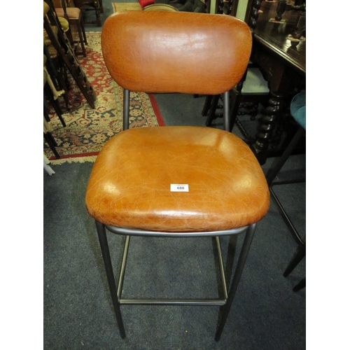 680 - A TAN LEATHER & METAL KITCHEN STOOL