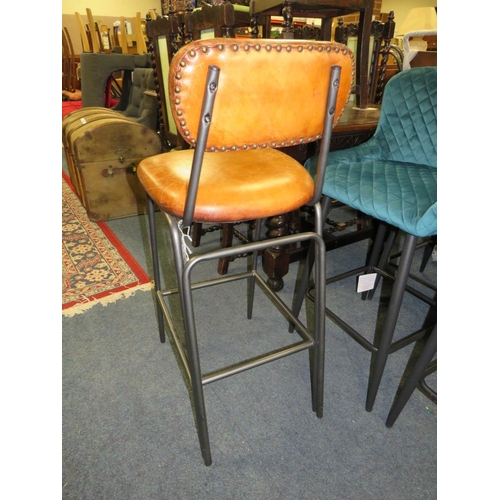 680 - A TAN LEATHER & METAL KITCHEN STOOL