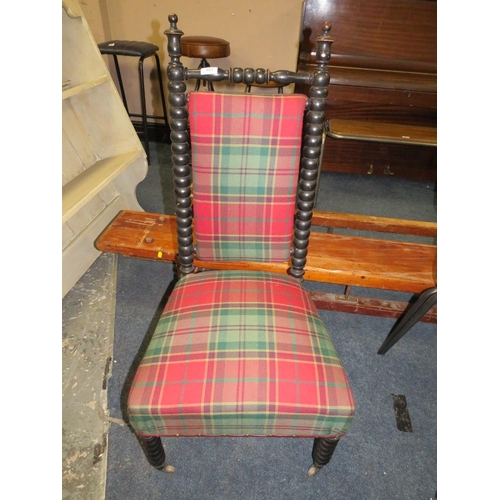 683 - AN ANTIQUE EBONISED BOBBIN TURNED BEDROOM CHAIR WITH MODERN UPHOLSTERY