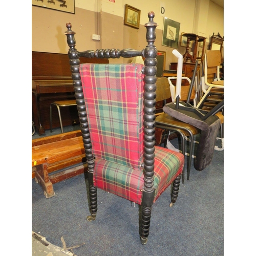 683 - AN ANTIQUE EBONISED BOBBIN TURNED BEDROOM CHAIR WITH MODERN UPHOLSTERY