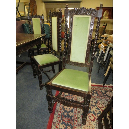 691 - AN OAK 20TH CENTURY JACOBEAN STYLE REFECTORY DINING TABLE WITH SIX CARVED BARLEYTWIST CHAIRS - TABLE... 