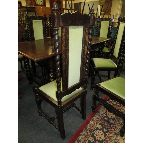 691 - AN OAK 20TH CENTURY JACOBEAN STYLE REFECTORY DINING TABLE WITH SIX CARVED BARLEYTWIST CHAIRS - TABLE... 