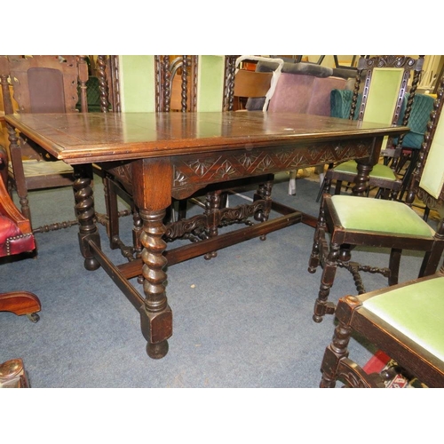 691 - AN OAK 20TH CENTURY JACOBEAN STYLE REFECTORY DINING TABLE WITH SIX CARVED BARLEYTWIST CHAIRS - TABLE... 