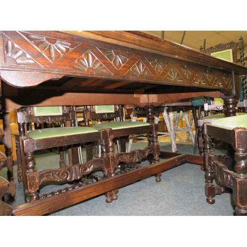 691 - AN OAK 20TH CENTURY JACOBEAN STYLE REFECTORY DINING TABLE WITH SIX CARVED BARLEYTWIST CHAIRS - TABLE... 