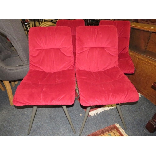 696 - A SET OF SIX MODERN UPHOLSTERED MAROON VELVET EFFECT DINING CHAIRS