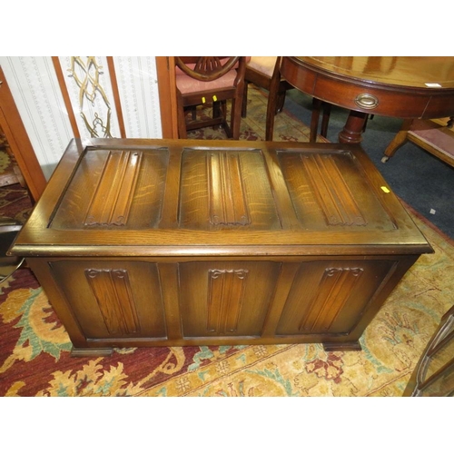 705 - A REPRODUCTION DRUM TABLE, VINTAGE CHINA CABINET AND AN OAK BLANKET BOX (3)