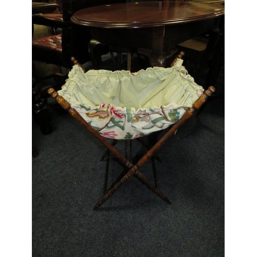 710 - A 20TH CENTURY OVAL MAHOGANY TABLE, EDWARDIAN TABLE AND SEWING BAG (3)