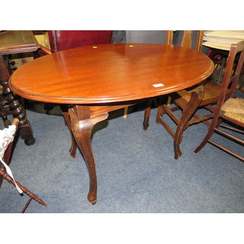 710 - A 20TH CENTURY OVAL MAHOGANY TABLE, EDWARDIAN TABLE AND SEWING BAG (3)