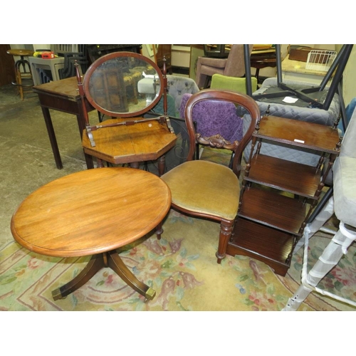 715 - A VICTORIAN MAHOGANY CHAIR, TWO OCCASIONAL TABLES, WOT-NOT, MIRROR AND FIRESCREEN (6)