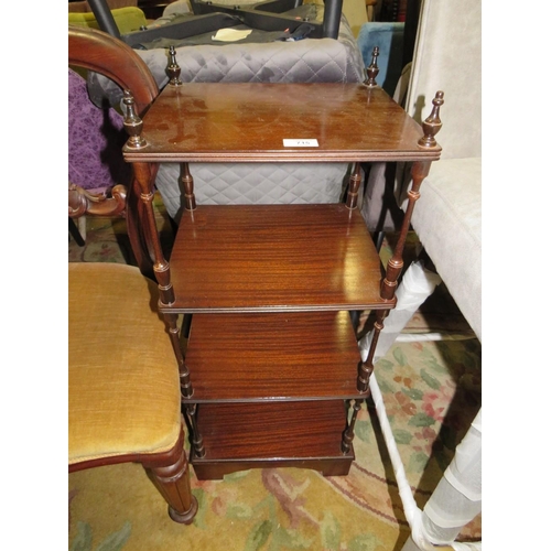 715 - A VICTORIAN MAHOGANY CHAIR, TWO OCCASIONAL TABLES, WOT-NOT, MIRROR AND FIRESCREEN (6)