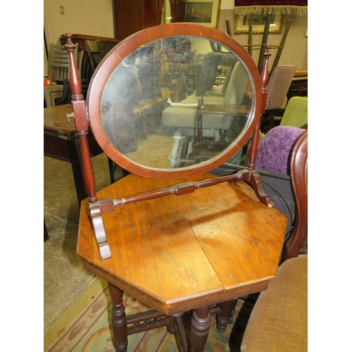 715 - A VICTORIAN MAHOGANY CHAIR, TWO OCCASIONAL TABLES, WOT-NOT, MIRROR AND FIRESCREEN (6)