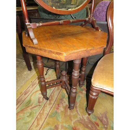 715 - A VICTORIAN MAHOGANY CHAIR, TWO OCCASIONAL TABLES, WOT-NOT, MIRROR AND FIRESCREEN (6)