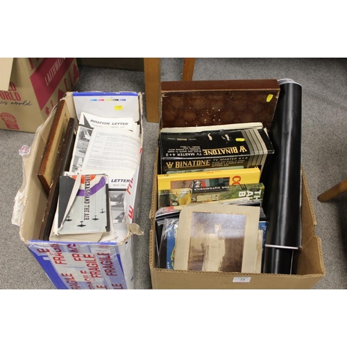 73 - TWO BOXES OF ASSORTED EPHEMERA ETC TO INCLUDE A COLLECTION OF 'AVIATION LETTER', A VINTAGE BINATONE ... 