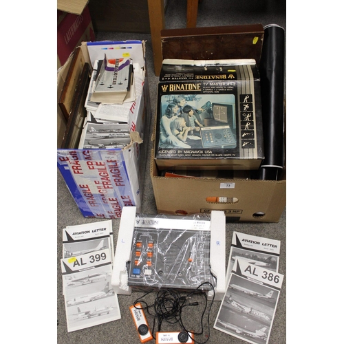 73 - TWO BOXES OF ASSORTED EPHEMERA ETC TO INCLUDE A COLLECTION OF 'AVIATION LETTER', A VINTAGE BINATONE ... 