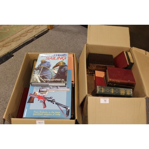 74 - TWO BOXES OF ASSORTED MODERN AND VINTAGE BOOKS TO INCLUDE VINTAGE POETRY BOOKS ETC AND A QUANTITY OF... 