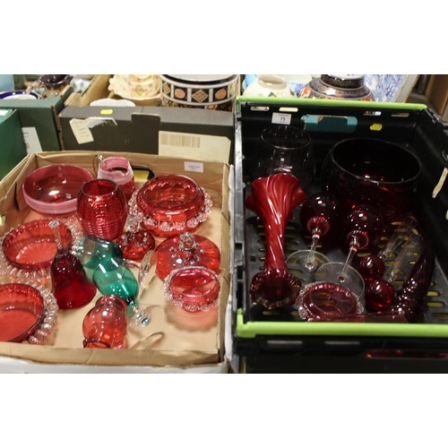 75 - TWO TRAYS OF ASSORTED MODERN AND VINTAGE CRANBERRY GLASSWARE ETC TO INCLUDE DRINKING GLASSES, A JUG ... 