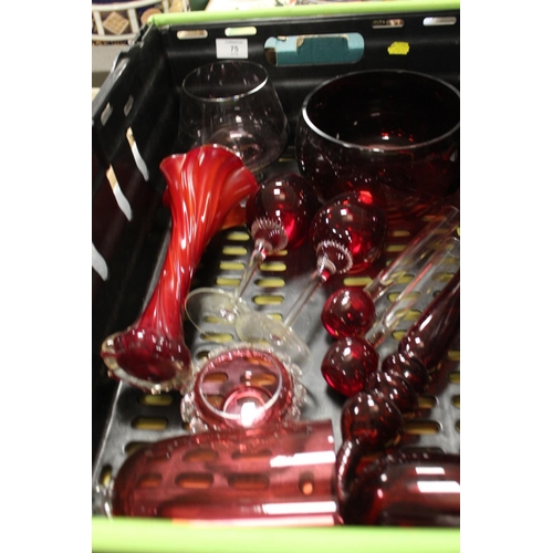 75 - TWO TRAYS OF ASSORTED MODERN AND VINTAGE CRANBERRY GLASSWARE ETC TO INCLUDE DRINKING GLASSES, A JUG ... 