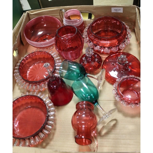 75 - TWO TRAYS OF ASSORTED MODERN AND VINTAGE CRANBERRY GLASSWARE ETC TO INCLUDE DRINKING GLASSES, A JUG ... 