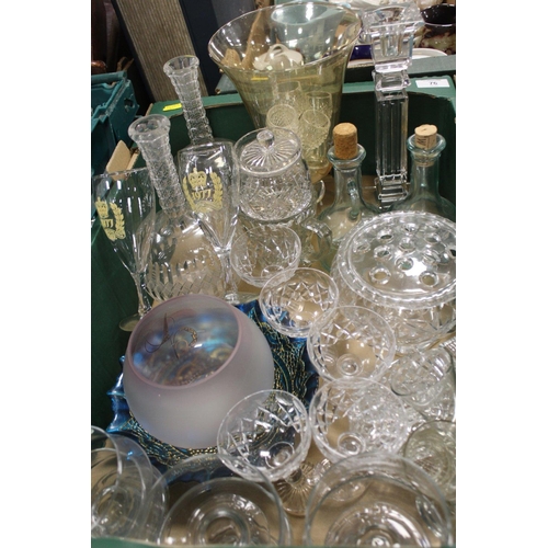 76 - TWO TRAYS OF ASSORTED MODERN AND VINTAGE GLASSWARE TO INC CUT GLASS ETC AND A SET OF SIX GREEN STEMM... 