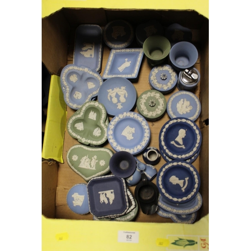 82 - A TRAY OF ASSORTED WEDGWOOD JASPERWARE IN VARIOUS COLOURWAYS (APPROX 50)