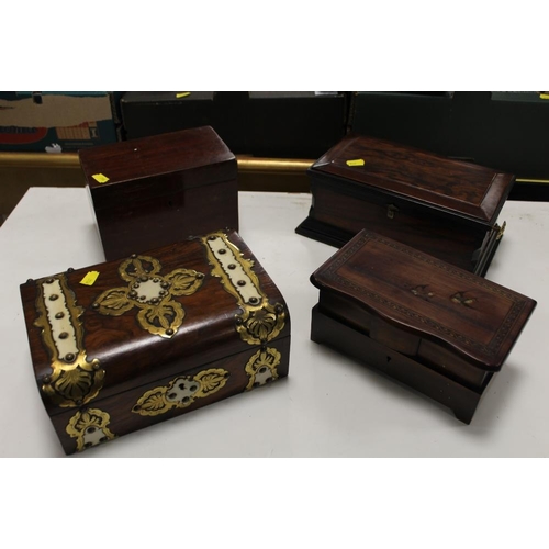 83 - A SELECTION OF FOUR WOODEN BOXES TO INC TWO VINTAGE JEWELLERY BOXES