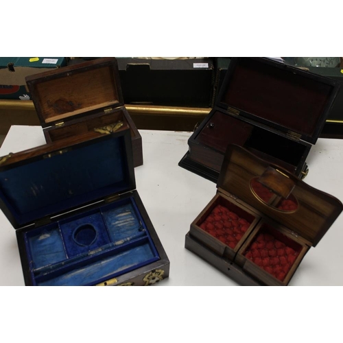 83 - A SELECTION OF FOUR WOODEN BOXES TO INC TWO VINTAGE JEWELLERY BOXES