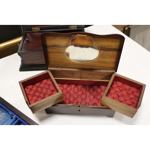 83 - A SELECTION OF FOUR WOODEN BOXES TO INC TWO VINTAGE JEWELLERY BOXES