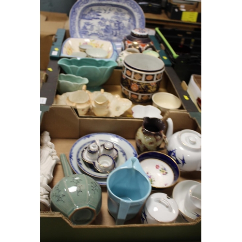 88 - THREE TRAYS OF ASSORTED CERAMICS TO INCLUDE ORIENTAL VASE AND FIGURINE, A WADE JOHNNIE WALKER WATER ... 