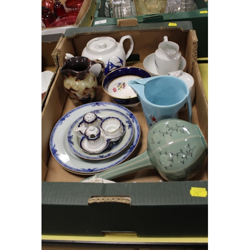 88 - THREE TRAYS OF ASSORTED CERAMICS TO INCLUDE ORIENTAL VASE AND FIGURINE, A WADE JOHNNIE WALKER WATER ... 