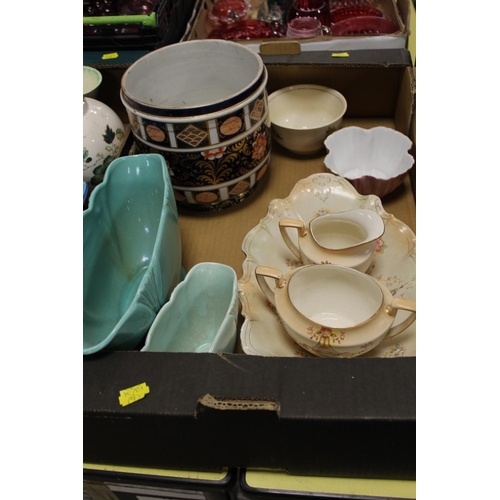 88 - THREE TRAYS OF ASSORTED CERAMICS TO INCLUDE ORIENTAL VASE AND FIGURINE, A WADE JOHNNIE WALKER WATER ... 