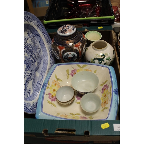 88 - THREE TRAYS OF ASSORTED CERAMICS TO INCLUDE ORIENTAL VASE AND FIGURINE, A WADE JOHNNIE WALKER WATER ... 