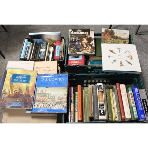 89 - FOUR BOXES OF ASSORTED BOOKS TO INCLUDE ANTIQUE REFERENCE GUIDES, ART BOOKS ETC