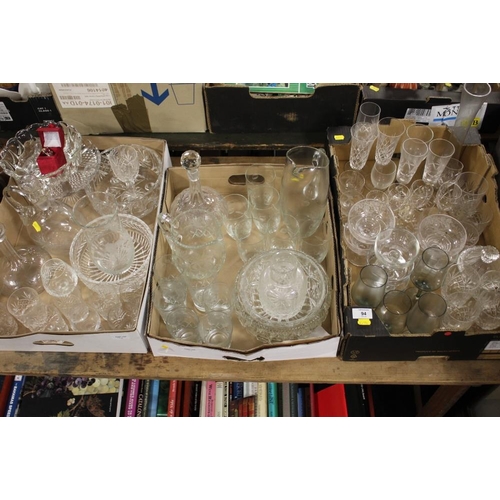 94 - THREE TRAYS OF ASSORTED GLASSWARE TO INCLUDE A LEMONADE JUG AND GLASSES, CUT GLASS BOWLS, DECANTERS ... 