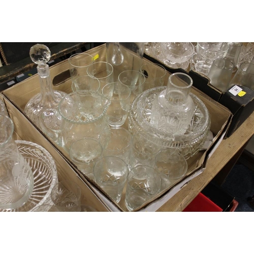 94 - THREE TRAYS OF ASSORTED GLASSWARE TO INCLUDE A LEMONADE JUG AND GLASSES, CUT GLASS BOWLS, DECANTERS ... 