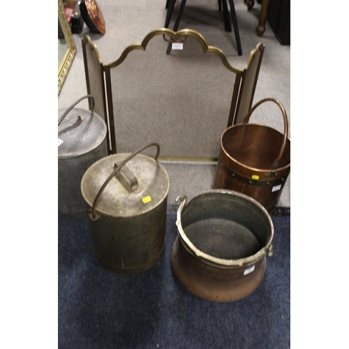 97 - A SELECTION OF METALWARE TO INCLUDE TWO COPPER BUCKETS, TWO MILKING BUCKETS AND A FIREGUARD