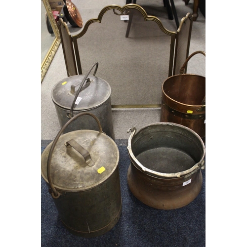 97 - A SELECTION OF METALWARE TO INCLUDE TWO COPPER BUCKETS, TWO MILKING BUCKETS AND A FIREGUARD