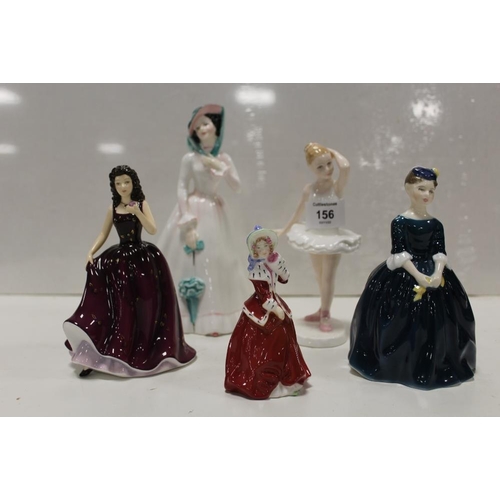 156 - FIVE ROYAL DOULTON FIGURINES TO INCLUDE LITTLE BALLERINA HN3395, JULIA HN2706 - 2ND QUALITY AND HAPP... 