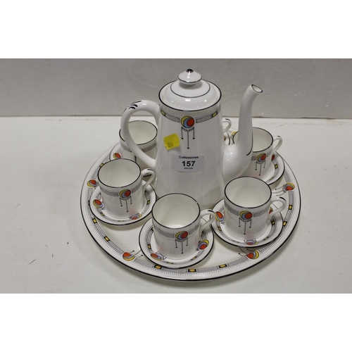 157 - AN ART DECO PATTERN SHELLEY PART COFFEE SET COMPRISING COFFEE POT, TRAY, AND SIX COFFEE CANS AND SAU... 