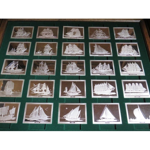 237 - THE GREAT SAILING SHIPS OF HISTORY HALLMARKED SILVER SET OF 50 INGOTS IN BRASS BOUND FITTED OAK DISP... 